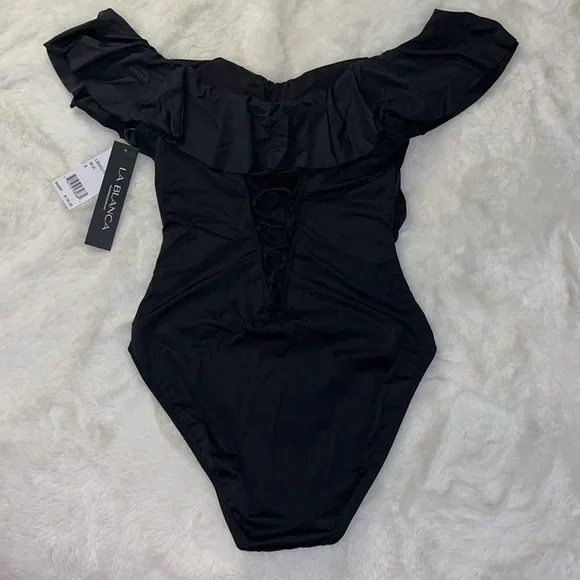 NWT La Blanca Island Goddess Black Off the Shoulder One Piece Swimsuit Size 8 - Picture 6 of 16